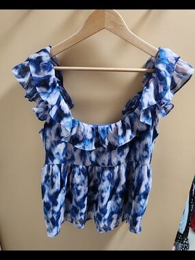 Banana Republic Blue Ruffle Watercolor Peplum Top
